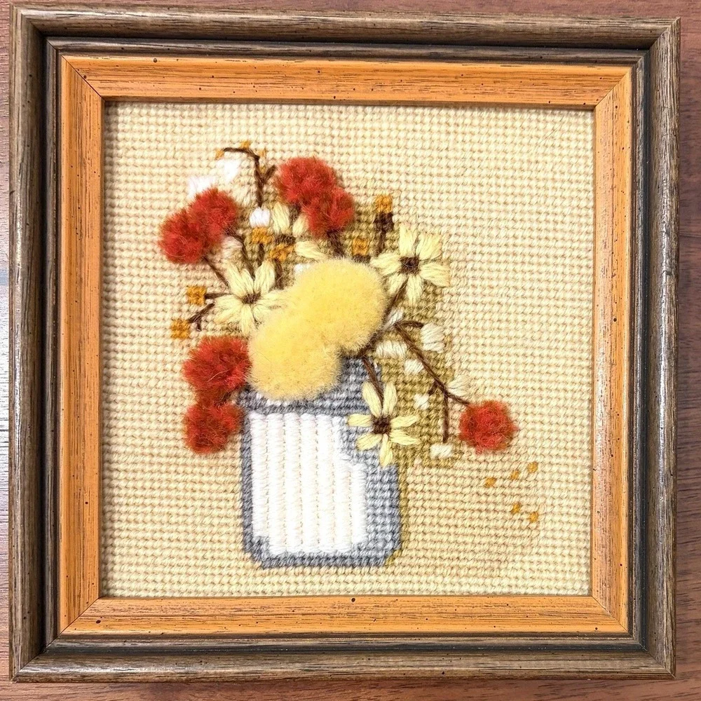 Vintage Finished Needlepoint Flowers Chunky Wood Frame Cottage Core 7.5x7.5